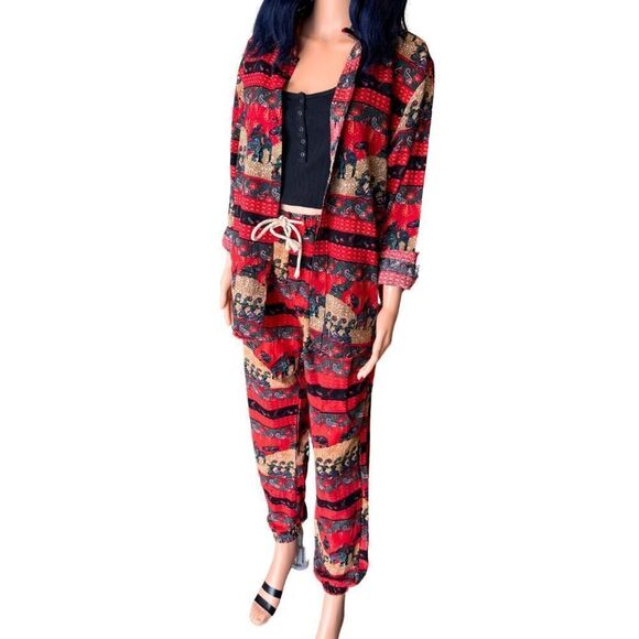 Boho Red Elephant Matching 2 Piece Set Button Front Top Joggers Medium Festival - Picture 4 of 5